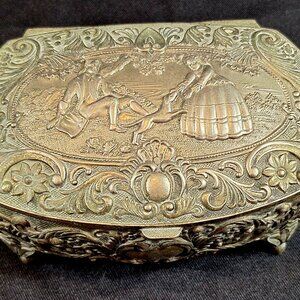 Intricate Vintage French Style Metal Trinket Jewelry Box made in Japan